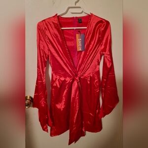 SHEIN Vibrant Pink Satin Tie-Front Blouse